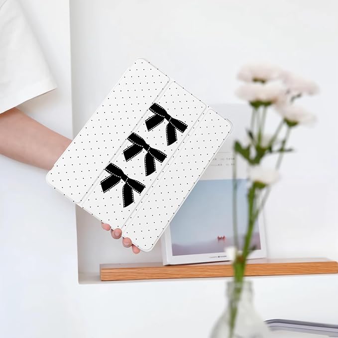 Cute Black Polka Dot Bow for iPad Air 13 Inch Case M3 2025/M2 2024 with Pencil Holder Auto Sleep/Wake White Leather Soft TPU Back Cover