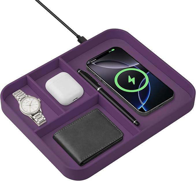 Faux Leather Valet Traywith 2 in 1 Wireless Charging Compatible with iPhone/17/16/15/15 Plus/15 Pro/15 Pro Max/14/13/12/Wireless earphonesOffice/Home Desk Organizers Tray-Purple