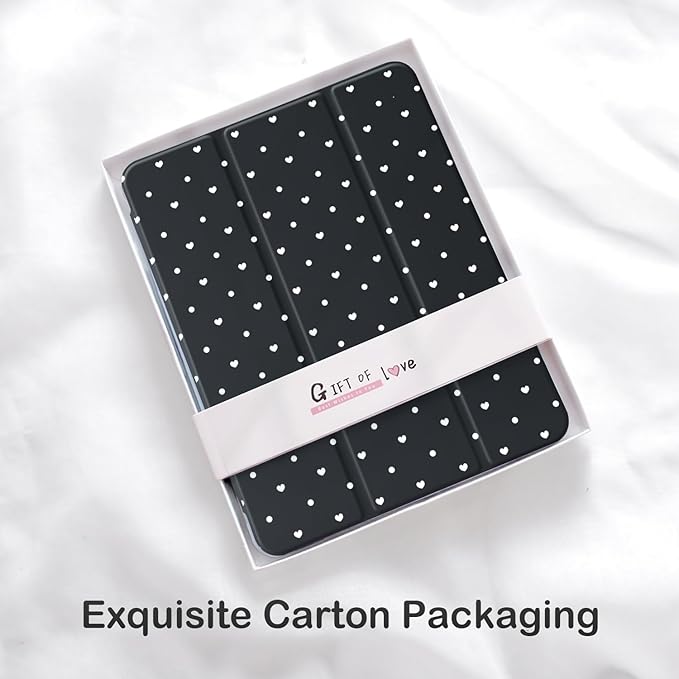Cute Polka Dot Heart for iPad mini 7 A17 Pro 2024/iPad Mini 6 Case with Pencil Holder Auto Sleep/Wake Black Leather Clear Acrylic Back Cover