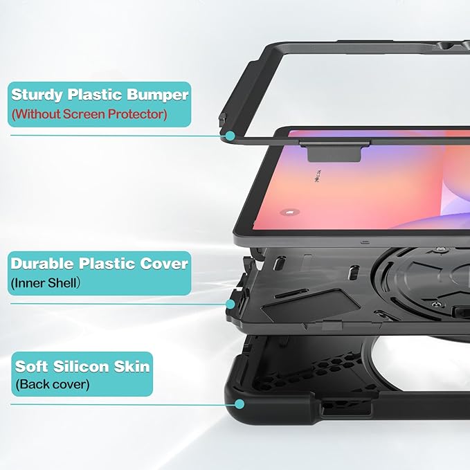 ProCase Rugged Case for Galaxy Tab S10 Lite 2025/S10 FE/S9 FE/S9/S8/S7 11 - with S Pen Holder Heavy Duty Shockproof Cover with Hand Strap 360 Degree Rotatable Kickstand Protective -Black