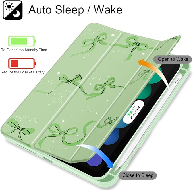 May Chen Slim Case for iPad mini 7 (A17 Pro 7th Generation) 2024 / iPad mini 6 (6th Gen) 8.3 Inch [Built-in Pencil Holder] Shockproof Cover Clear Clear Back Shell Auto Wake/Sleep Green Stars Bow