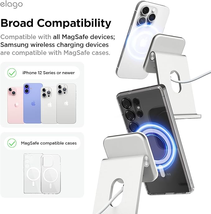 elago Qi2 Wireless Charging Stand for MagSafe Devices Qi2 Certified 15W Ultra-Fast Strong Magnet Adjustable Tilt Non-Slip Design for iPhone (White)