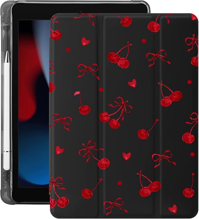 Idocolors Cute Red Bow Cherry Case for 10.9 iPad 2022/2025(10th/11th Gen) Tri-Fold Tablet Case with Auto Wake/Sleep &amp Pencil Holder - Vibrant Protective Cover for Women Girls and Teens (Black)