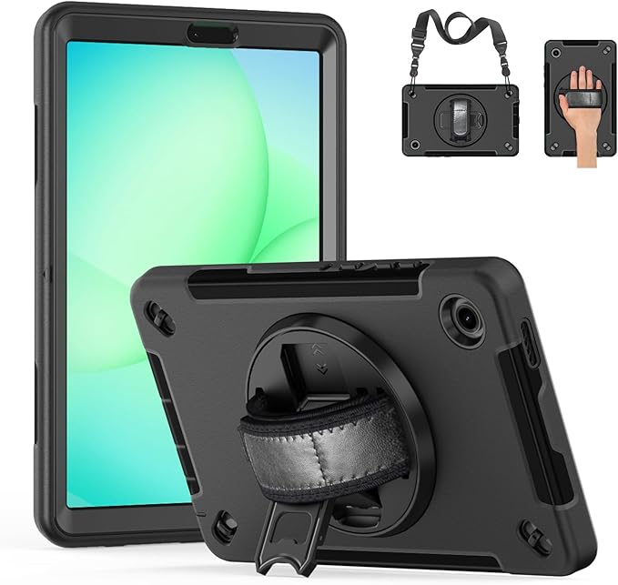 Junfire Protective Case for Galaxy Tab A11 8.7-inch 2025 with Built-in Screen Protector Shockproof Case for Samsung Tab A11 SM-X130/X135 with 360°Rotating Kickstand/Hand Strap/Carrying Shoulder Belt