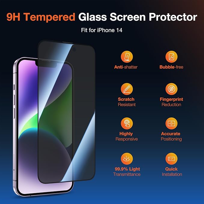 2 Pack Privacy Screen Protector for iPhone 14 9H+ Tempered Glass Anti Spy Private Film Easy Installation Auto Alignment Dust Removal Military-Grade Protection Bubble-Free