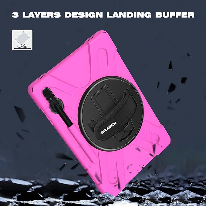 BRAECN for Samsung Galaxy Tab S10 Plus Case 2024/S9 Plus/S9 FE+/S8 Plus/S7 Plus /S7 FE 12.4 InchHeavy Duty Shockproof Case with S Pen Holder&amp360 Rotating Hand Strap/Kickstand Shoulder StrapPink