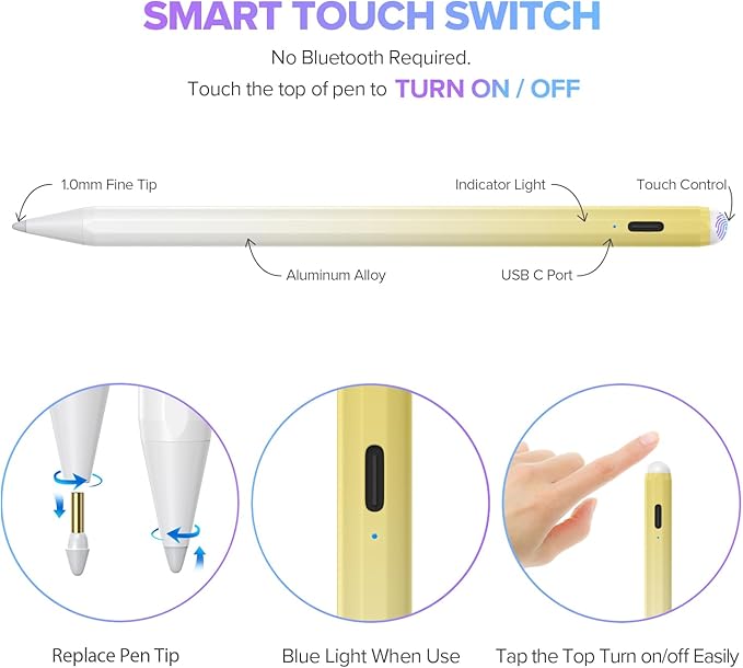 Stylus Pen for iPad 6th-11th Generation-2X Fast Charge Active Pencil Compatible with 2018-2025 Apple iPad Pro 11/12.9/M4 iPad Air 3/4/5/M2/M3iPad mini 5/6 Gen-Gradient White Yellow