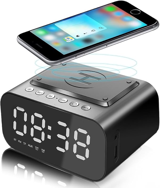 IHAO 7in1 Multifunctional Digital Alarm Clock with 15W Fast Wireless Charger Bluetooth Speaker LED Display Clock FM Radio TF Card AUX Input USB Port Dual Alarm for Bedroom and Office-BT510 Black