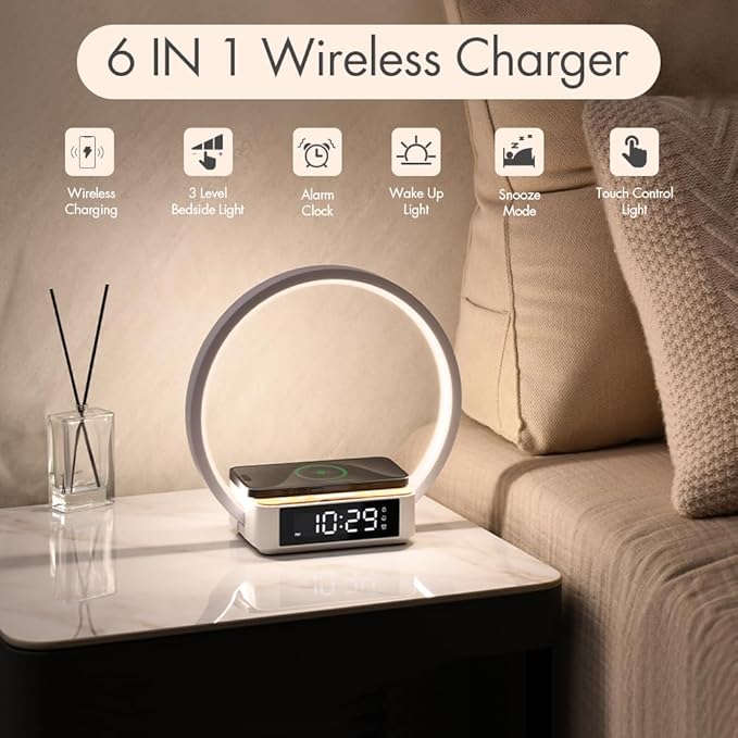 Wireless Charging Station with Alarm ClockBedside Lamp with Sunrise Wake-Up LightWireless Phone ChargerTouch Table Lamp with 3 Brightness LevelsIdea Gifts for WomenMenTeensAdults