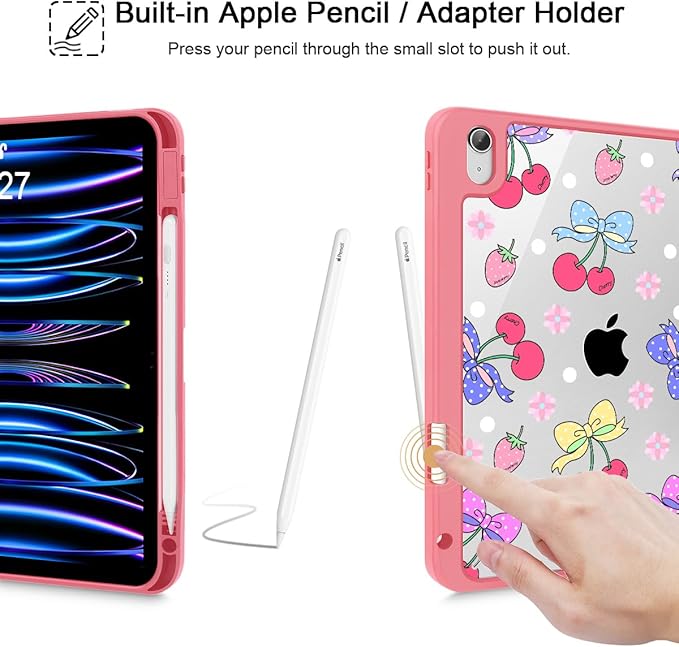 Tuiklol for 2025 iPad (A16 Chip) 11th Generation 11 inch/iPad 10th Generation 10.9 inch 2022 Case Buit in Pencil Holder with Clear Back Shell Cover Trifold Stand Auto Wake/SleepStrawberry Cherry