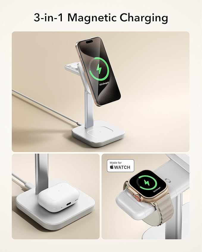 ESR for 3 in 1 Wireless Charging Station Certified Apple Watch Charger 15W MagSafe Charger Stand for iPhone Wireless Charger for Multiple Devices iPhone 17/16/15/14/13 Watch AirPods White