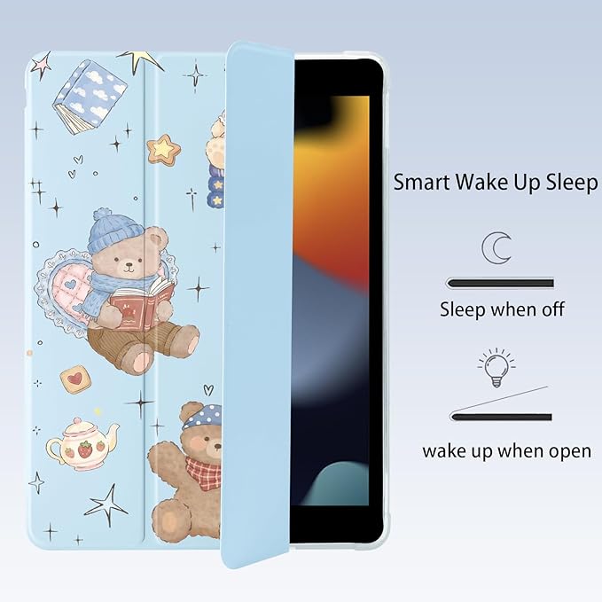 Cute Kawaii Bear for iPad Pro 13 Inch Case (M5/M4) 2025/2024 with Pencil Holder Auto Sleep/Wake Blue Leather Soft TPU Back Cover
