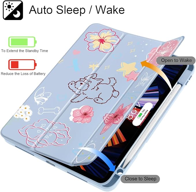 May Chen for iPad Pro 11 inch M2 4th Generation 2022 iPad Pro 11 3rd/2nd/1st Gen Case with Transparent Shockproof Back Cover [Built-in Pencil Holder Auto Sleep/Wake Blue Flower Dog