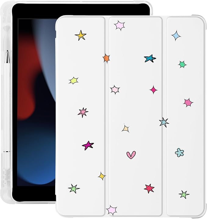 Cute Kawaii Star for iPad (A16) 11th Gen Case 11 Inch 2025 for iPad 10th Gen Case 10.9 Inch 2022 with Pencil Holder Auto Sleep/Wake White Leather Soft TPU Back Cover