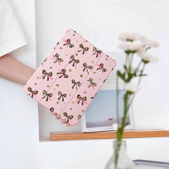 Cute Ribbon Bow Star for iPad 5th/6th Generation Case with Pencil Holder Auto Sleep/Wake Pink Leather Soft TPU Back Cover for iPad 9.7 Inch