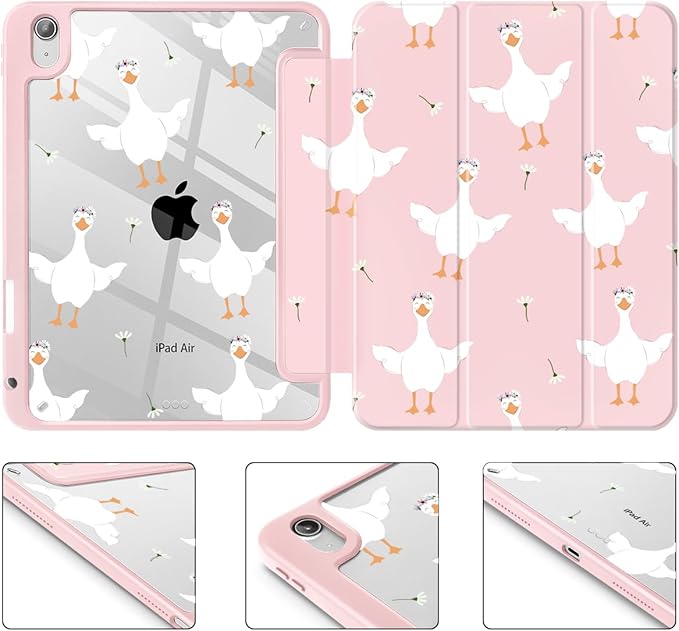 May Chen for iPad Air 11-inch M4/M3/M2 (2026/2025/2024) iPad Air 5th/4th 10.9 Inch - Shockproof Cover with Clear Back Shell &amp Penceil Holder Auto Wake/Sleep Stand Cover Goose Flower