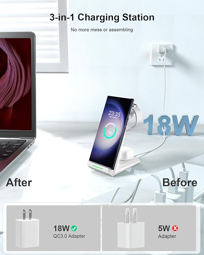 Wireless Charging Station for Samsung - NANAMI 3 in 1 Wireless Charger for Multiple Devices Fast Charger Stand for Galaxy S25 S24 S23 Ultra S22 S21 Z Flip Fold 4Watch 6/5/5 Pro/4/3Galaxy Buds 2 Pro