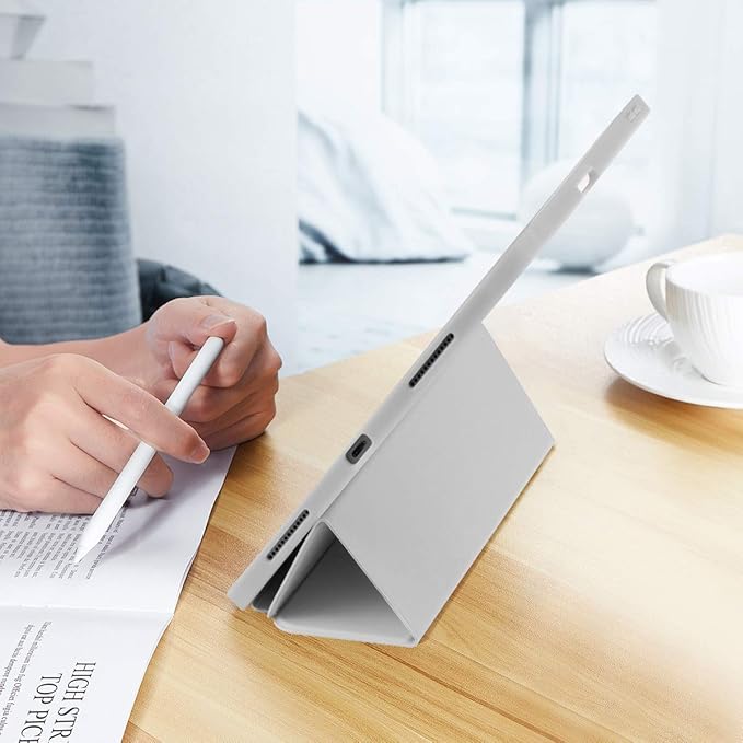 SIWENGDE Cases for iPad Pro 12.9 Case 6th/5th/4th Generation (2022/2021/2020) with Pencil Holder [Apple Pencil Wireless Charging] Soft TPU Smart Tri-fold Stand Protective Cover(Light Grey)