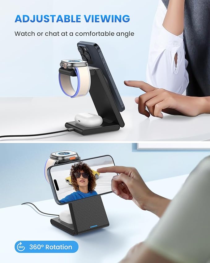 Wireless Charger Magnetic for Apple Devices - JoyGeek 3 in 1 Foldable Charging Station for Magsafe Compatible with iPhone 16 15 14 13 12 Pro Max Plus Apple Watch 10 9 8 7 6 5 4 SE AirPods 4/3/2/Pro