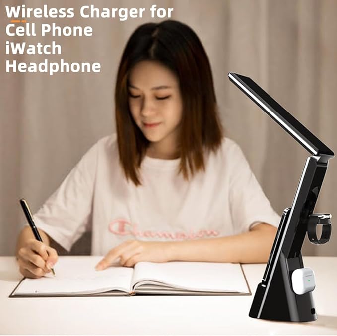 IHAO 6in1 Multifunctional Foldable LED Desk Lamp with Wireless Charger Digital Alarm Clock Eye-Care Lighting 3 Color Modes 15W Qi Charger for Phone/Headphones Apple Watch Compatible-Black