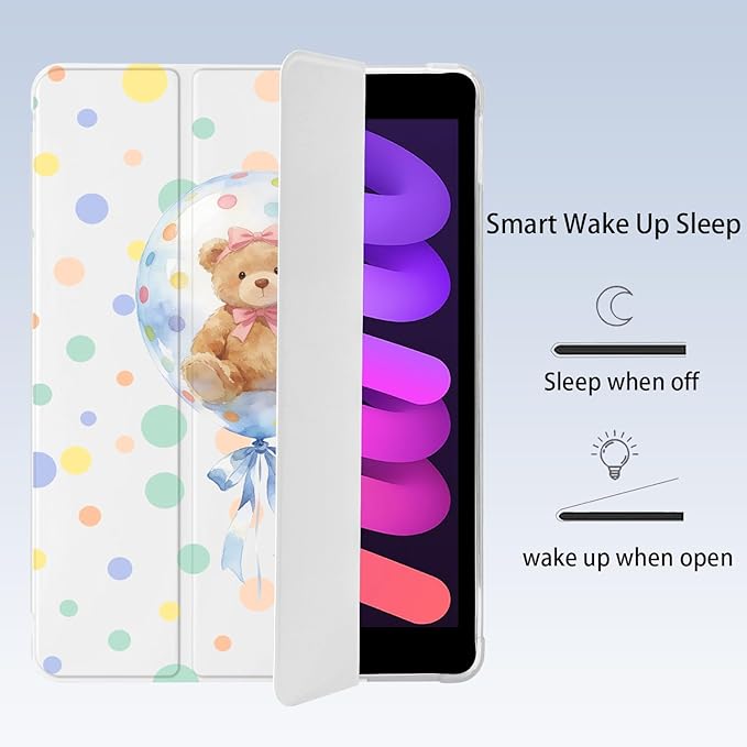 Cute Kawaii Bear Polka Dot for iPad Air 3 Case with Pencil Holder Auto Sleep/Wake White Leather Soft TPU Back Cover for iPad Pro 10.5 Inch 2017