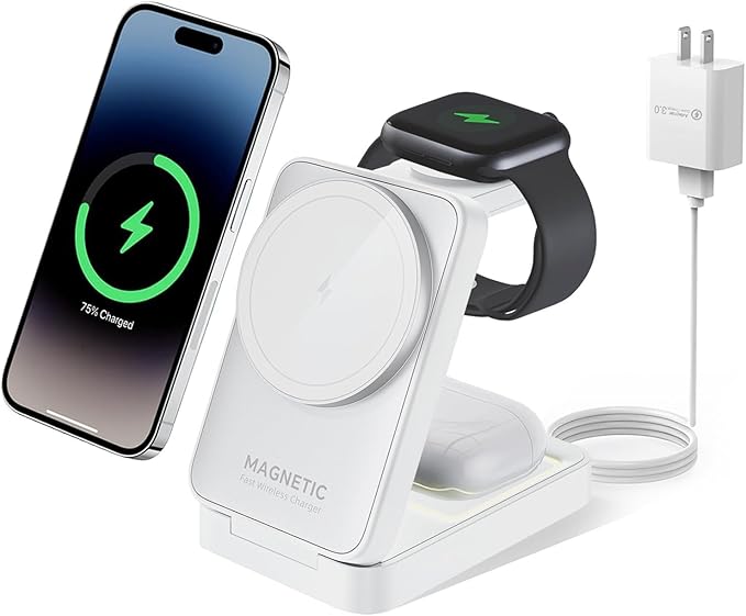 MALOM W91 3-in-1 Multifunctional Wireless Magnetic Charger for iPhone Apple Watch AirPods Foldable Nightlight (White)