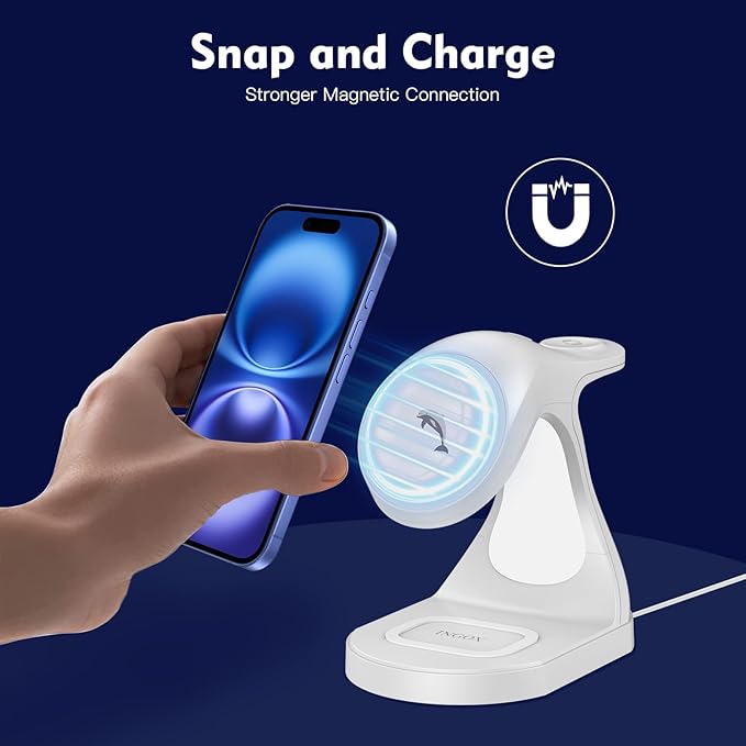 4 in 1 Magnetic Wireless Charger Stand for iPhone 16 15 14 13 12 Pro/Max/Plus/Mini AirPods Pro/3/2 and Watch 9/8/7/6/SE/5/4/3 Fast Charging Station White Dolphin 20W