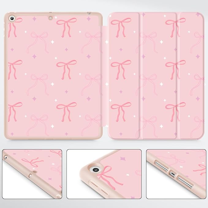 Tuiklol Case for iPad 10.2 Inch 2021 2020 2018 Release 9th / 8th / 7th Generation Built-in Pencil Holder TPU Protective Stand Back Cover Trifold Stand-Auto Wake/Sleep Pink Bows