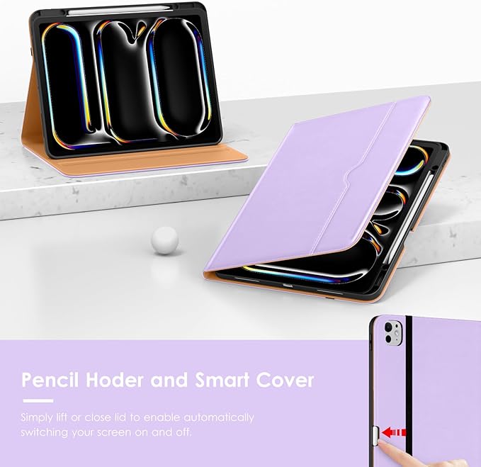 VIKESI Case for iPad Pro 13-inch M5 or M4 Released in 2025 or 2024 Leather Stand Cover with Apple Pencil Holder Auto Wake/Sleep Multiple Viewing Angles Built in Hand Strap &amp PocketLavender