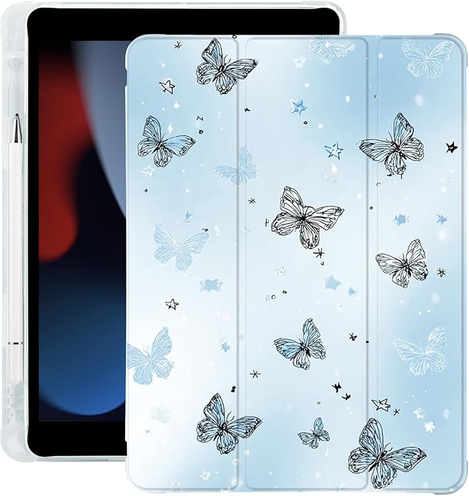 Cute Y2K Butterfly for iPad Pro 11 Inch Case (M5/M4) 2025/2024 with Pencil Holder Auto Sleep/Wake Blue Leather Soft TPU Back Cover