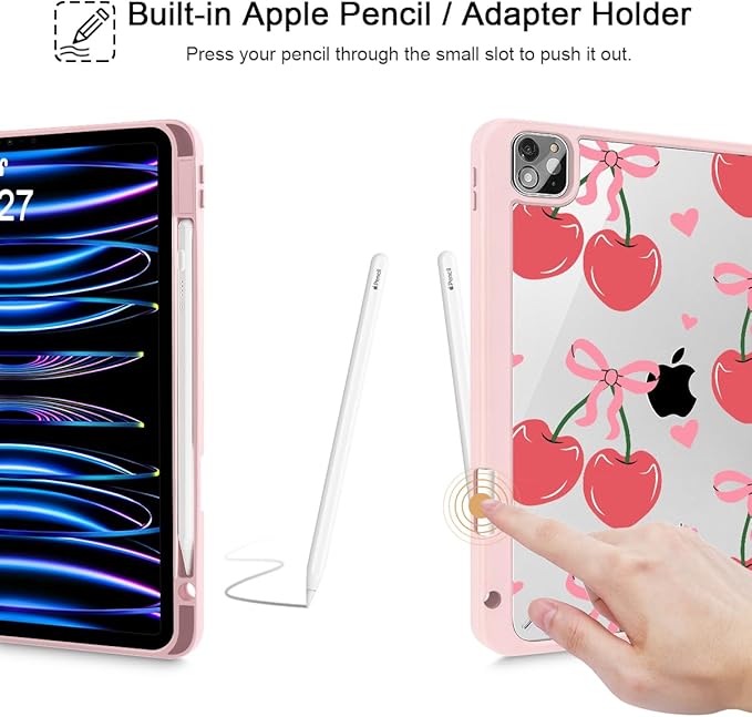 Mektron Case for iPad Pro 11 inch (4th 3rd 2nd &amp 1st Gen) 2022 2021 2020 2018 Buit in Pencil Holder with Shockproof Cover Clear Shell + Trifold Stand + Auto Wake/Sleep Cherries Bows C353
