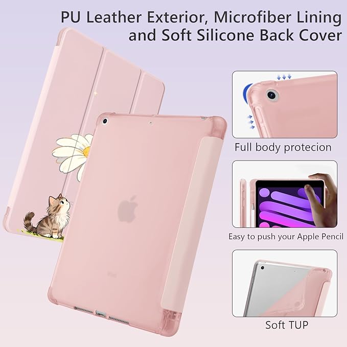 Cue Kitten Cat Bunny Flower for iPad (A16) 11th Generation Case 11 Inch 2025 for iPad 10th Gen Case 10.9 Inch 2022 with Pencil Holder Auto Sleep/Wake Pink Leather Soft TPU Back Cover