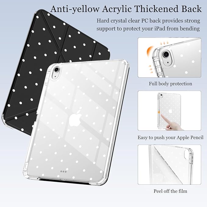 Cute White Polka Dot for iPad Pro 11 Inch Case (M5/M4) 2025/2024 with Pencil Holder Auto Sleep/Wake Black Leather Acrylic Back Detachable Cover