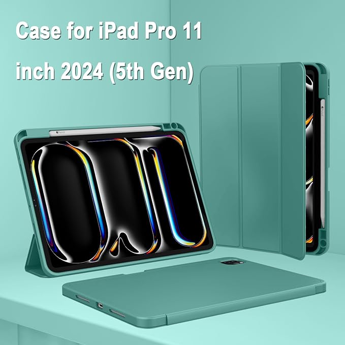 ZryXal iPad Pro 11 Inch Case (M5) 2025/ (M4) 2024 (Model: A2836/A2837/A3006) Trifold Stand Smart Cover with Pencil Holder and Soft TPU Back Auto Wake/Sleep (Forest Green)