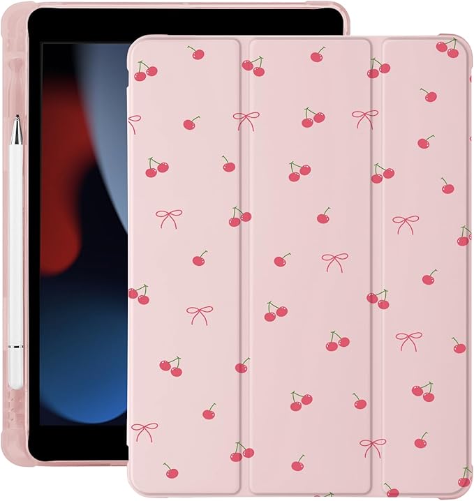 Cute Kawaii Cherry Bow for iPad Air5/Air4 Case with Pencil Holder Auto Sleep/Wake Pink Leather Soft TPU Back Cover for iPad 10.9 Inch 2022/2020