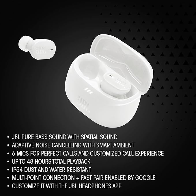 JBL Tune Buds 2 - True Wireless Noise Cancelling Earbuds with JBL Spatial Sound and Smart Ambient Technology 6 mics for Perfect Calls up to 48Hrs of Playback IP54 Dust &amp Water Resistant (Black)