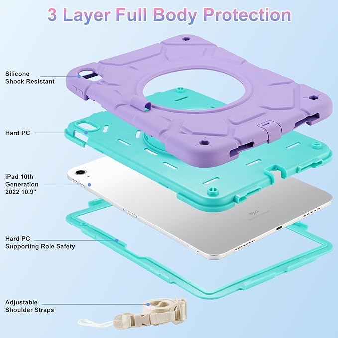 for iPad (A16) 11th Generation case 11''(2025)/10th Generation case 10.9''(2022)360°Rotatable Stand with [Pencil Holder&ampShoulder Strap] Heavy Duty Shockproof Case (Light Purple+Mint Green)