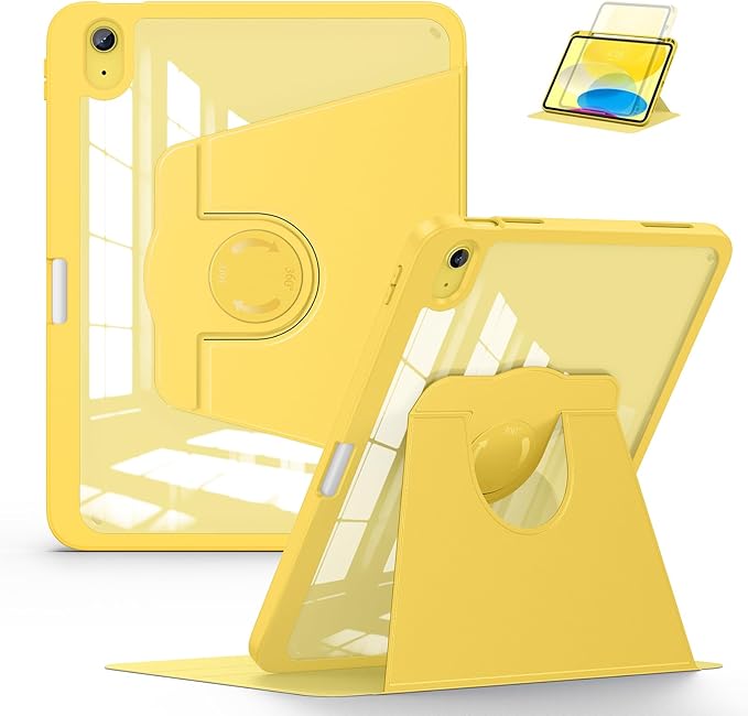 Soke Rotating Case for iPad (A16) 11th Generation 2025 iPad 10th Gen 2022 with Pencil Holder [Shockproof + Auto Sleep/Wake] 360 Degree Rotation Clear Back for iPad 11/10.9 - Yellow