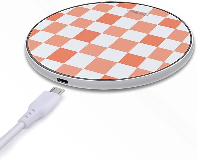 Peach White Checkered Plaid Pattern Phone Charger Magnetic Charging Pad Anti-Slip with USB Cable