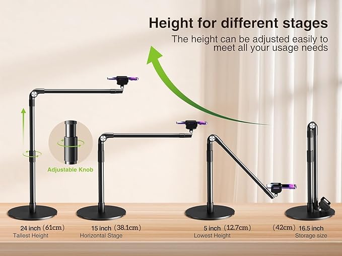 elitehood Heavy Duty Aluminum Overhead Phone Stand 15 in Long Arm iPhone Holder for Video Recording 360 Degrees Swivel Tilt Overhead Phone Mount for Filming Meeting Cooking Painting and Crafting