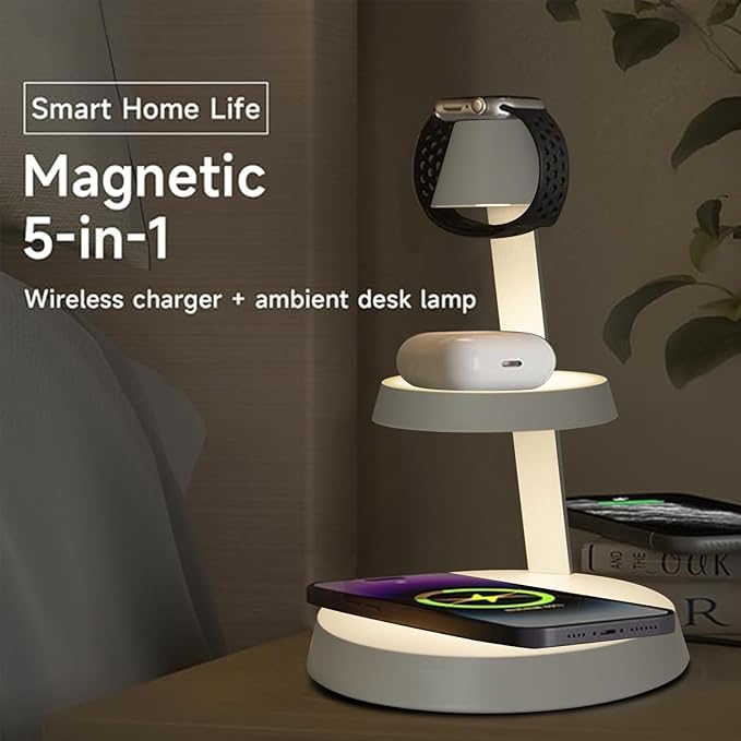 Magnetic Wireless Charger 3 in 1 Tower Standing Upright Double Layer Night Light High-Power Convenient Compatible with Cellphones/Wireless Earbuds/Apple Watch (Pure White Style)