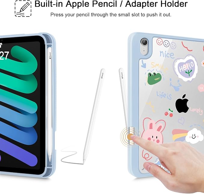 May Chen Case for iPad mini 7 (A17 Pro 7th Generation) 2024 / iPad mini 6 (6th Gen) 8.3 Inch [Built-in Pencil Holder] Shockproof Cover Clear Clear Back Shell Auto Wake/Sleep Cartoon Stick Figure