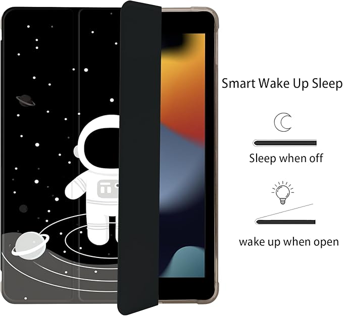 Cute Space Astronaut for iPad 5th/6th Generation Case with Pencil Holder Auto Sleep/Wake Black Leather Soft TPU Back Cover for iPad 9.7 Inch
