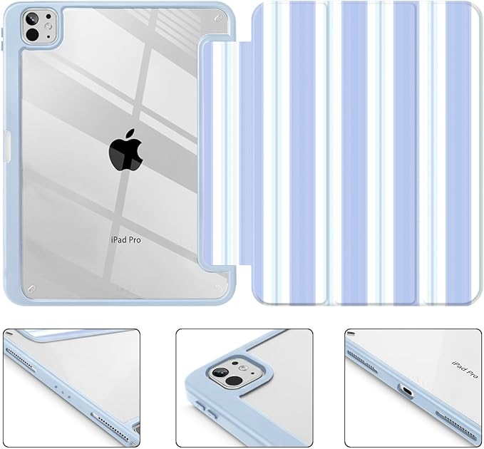 Mektron Case for M5/ M4 iPad Pro 11 inch 2025/2024 with Pencil Holder Compatible Models: A3357/A3358/A3359/A2836/A2837/A3006 Shockproof Cover Clear Shell Blue Striped