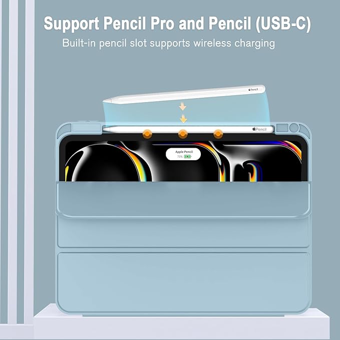 ZryXal iPad Pro 11 Inch Case (M5) 2025/ (M4) 2024 (Model: A2836/A2837/A3006) Trifold Stand Smart Cover with Pencil Holder and Soft TPU Back Auto Wake/Sleep (New Light Blue)
