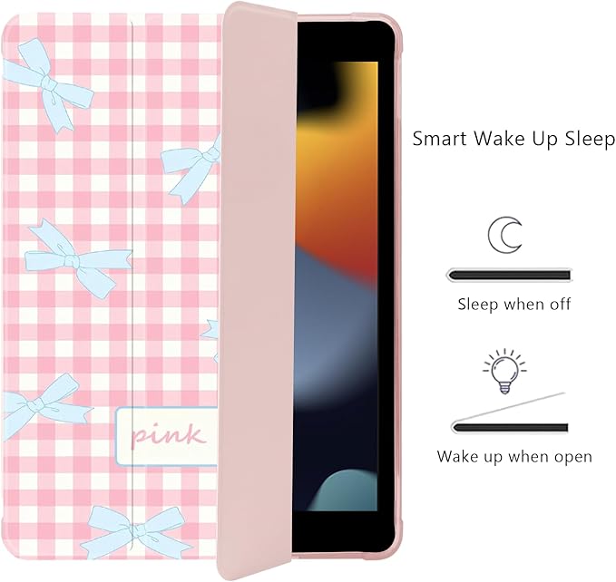 Cute Kawaii Bow Plaid for iPad Pro 13 Inch Case (M5/M4) 2025/2024 with Pencil Holder Auto Sleep/Wake Pink Leather Soft TPU Back Cover