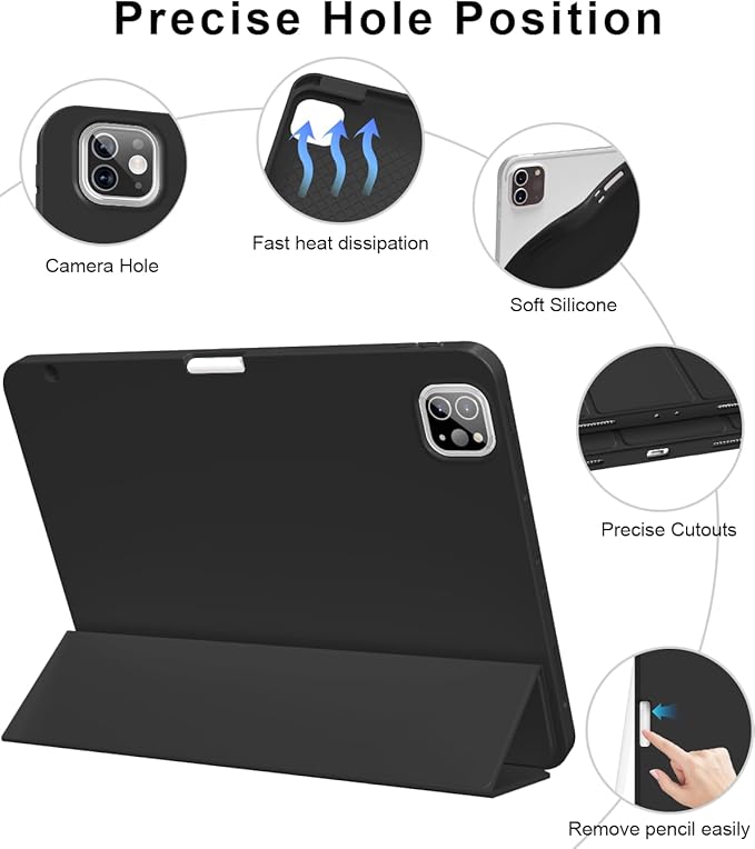 for iPad Pro 12.9 Case (6th/5th/4th/3rd Generation 2022/2021/2020) &amp ipad Air 13 inch case (M3 2025/M2 2024) with Pencil Holder Smart Slim Trifold Stand Case with Soft TPU Back (Black)