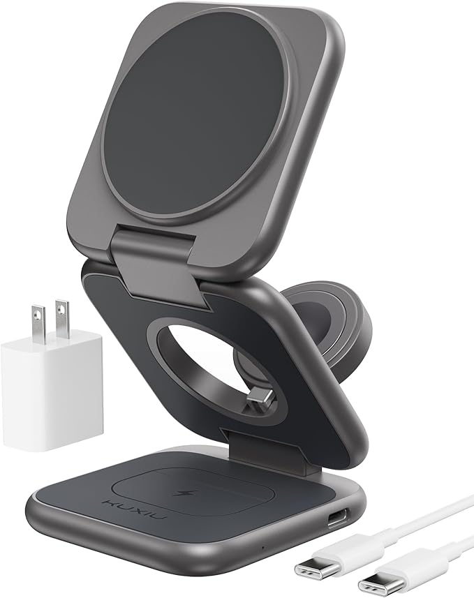 Foldable Magnetic Wireless Charger KU XIU X40 Plus Aluminum Alloy 3 in 1 Charging Station for Apple Fast Mag-Safe Charger for iPhone 17 16 15 14 13 Series 5W for iWatch AirPods 3/2/Pro Dark Gray