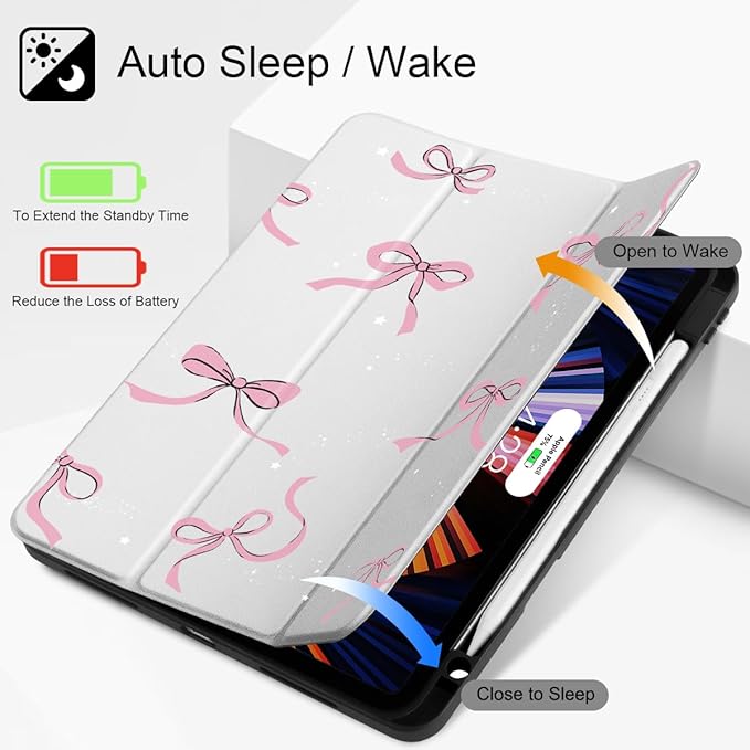 May Chen for iPad Pro 11 inch M2 4th Generation 2022 iPad Pro 11 3rd/2nd/1st Gen Case with Transparent Shockproof Back Cover [Built-in Pencil Holder Auto Sleep/Wake Stars Bow