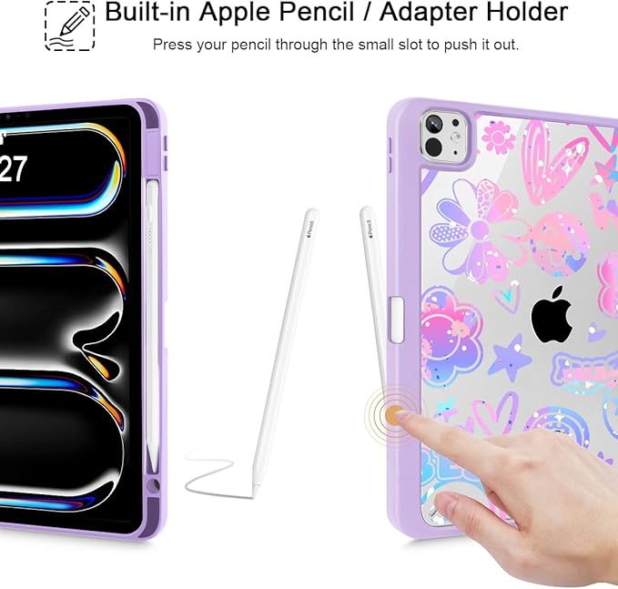 Tuiklol for iPad Pro 11 Inch (M5 2025 / M4 2024) Case Buit-in Pencil Holder with Slim Clear Back Cover Protection Trifold Stand-Auto Wake/Sleep Tablet Case Black Flower Fun Emotions